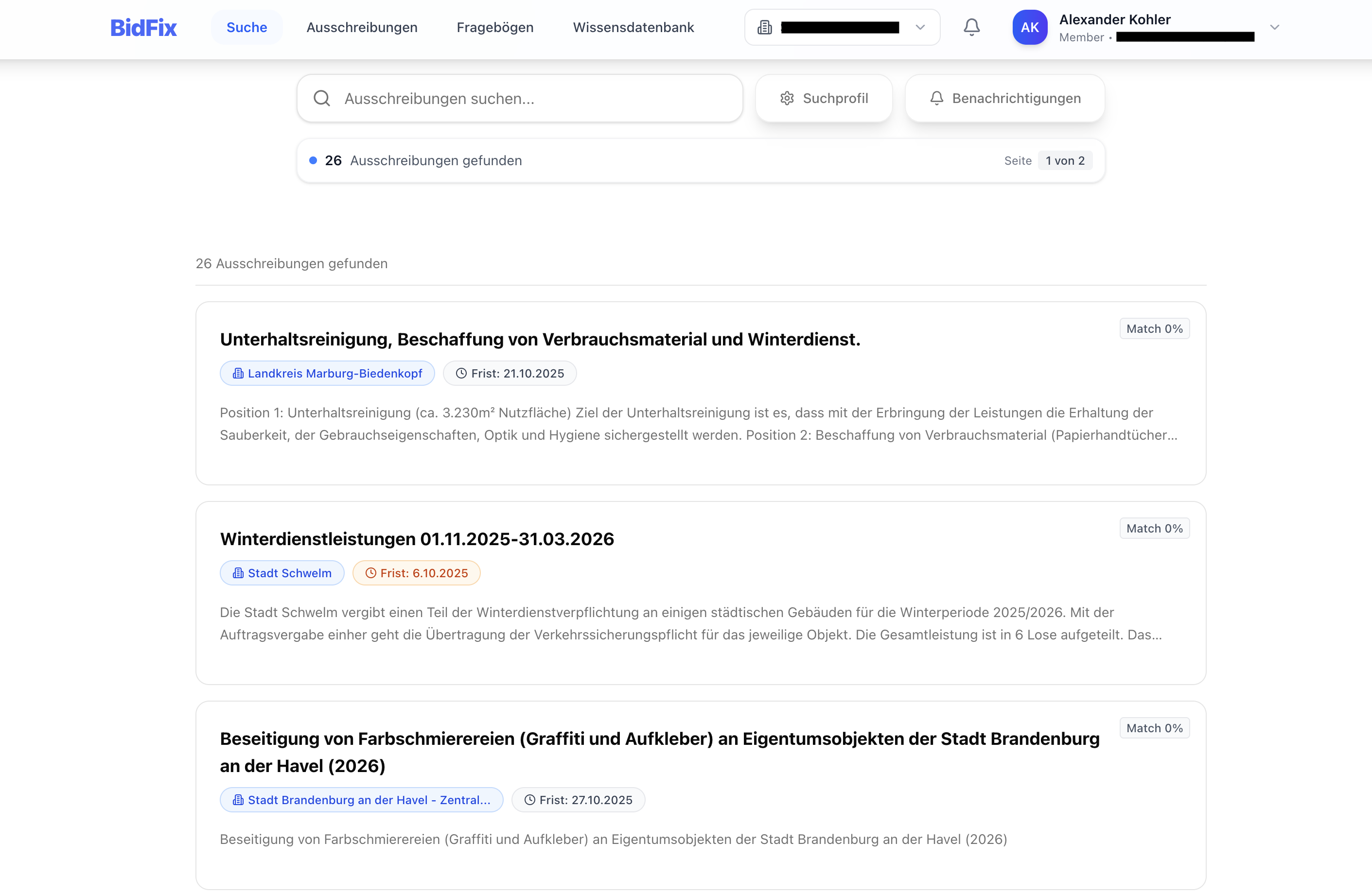 BidFix Ausschreibungssuche basierend auf Unternehmenskontext