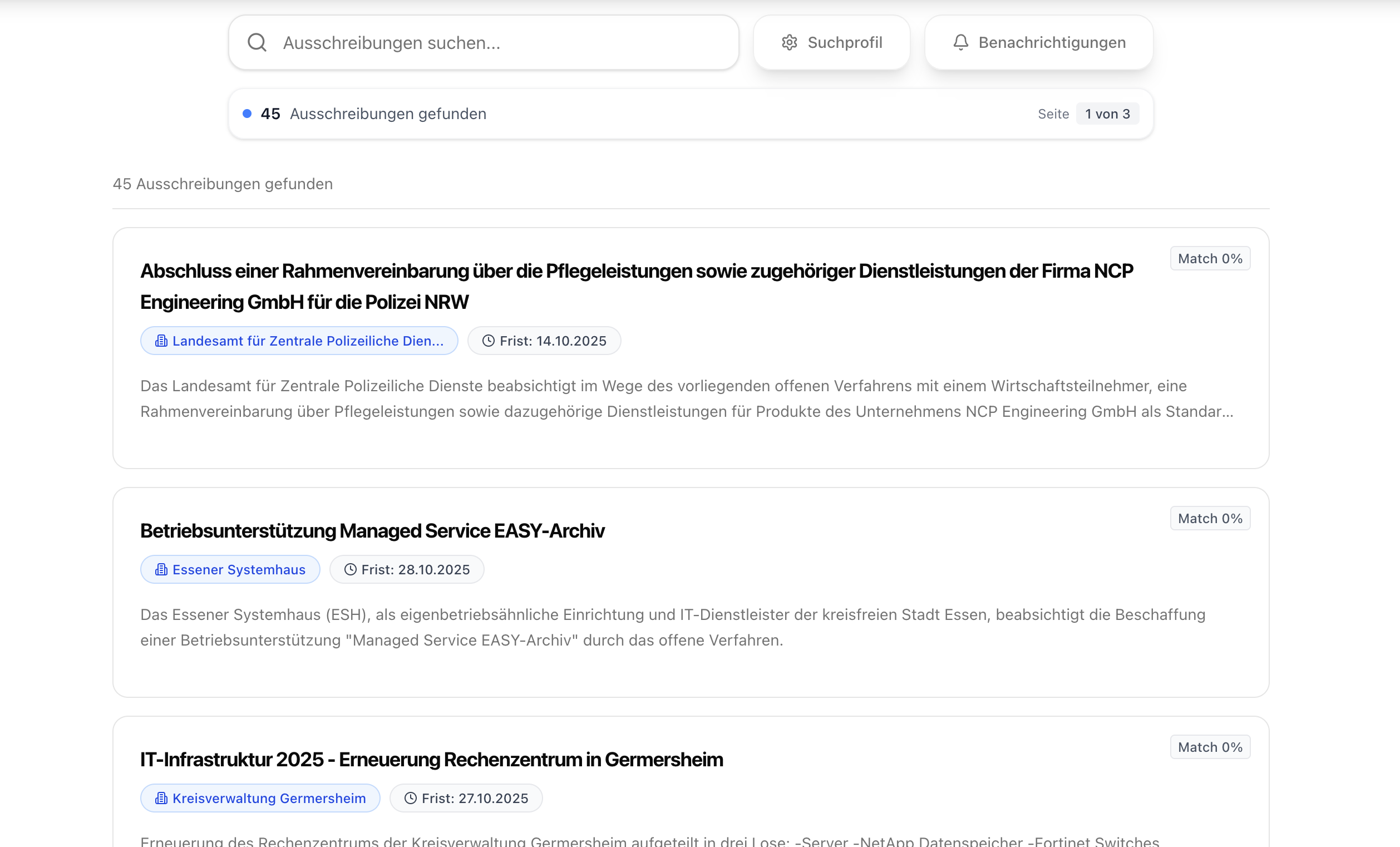 BidFix Ausschreibungssuche - Gefundene Ausschreibungen mit Relevanz-Score und Filteroptionen