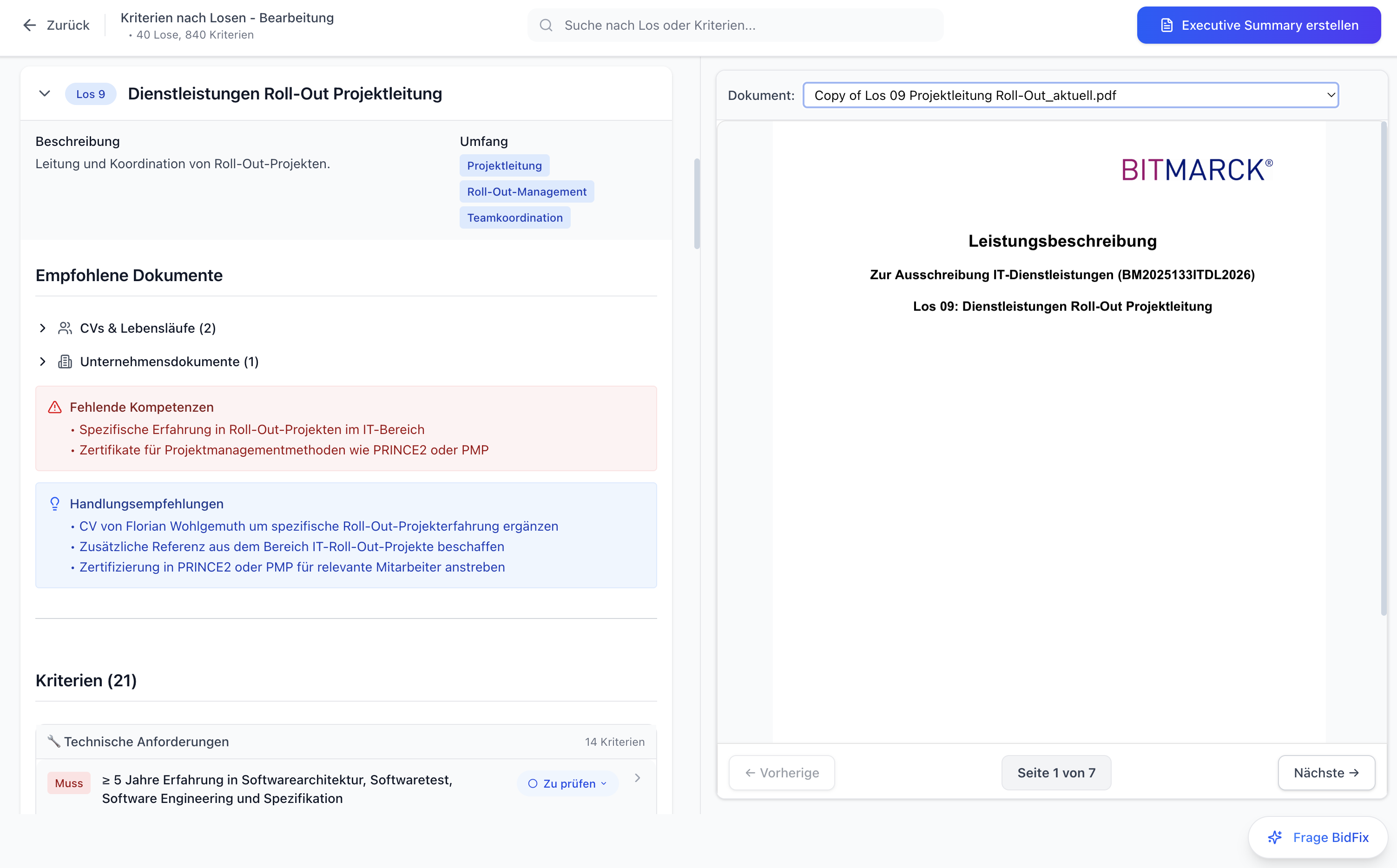 BidFix Ausschreibungsanalyse der Kriterien und Empfehlung der passenden Dokumente