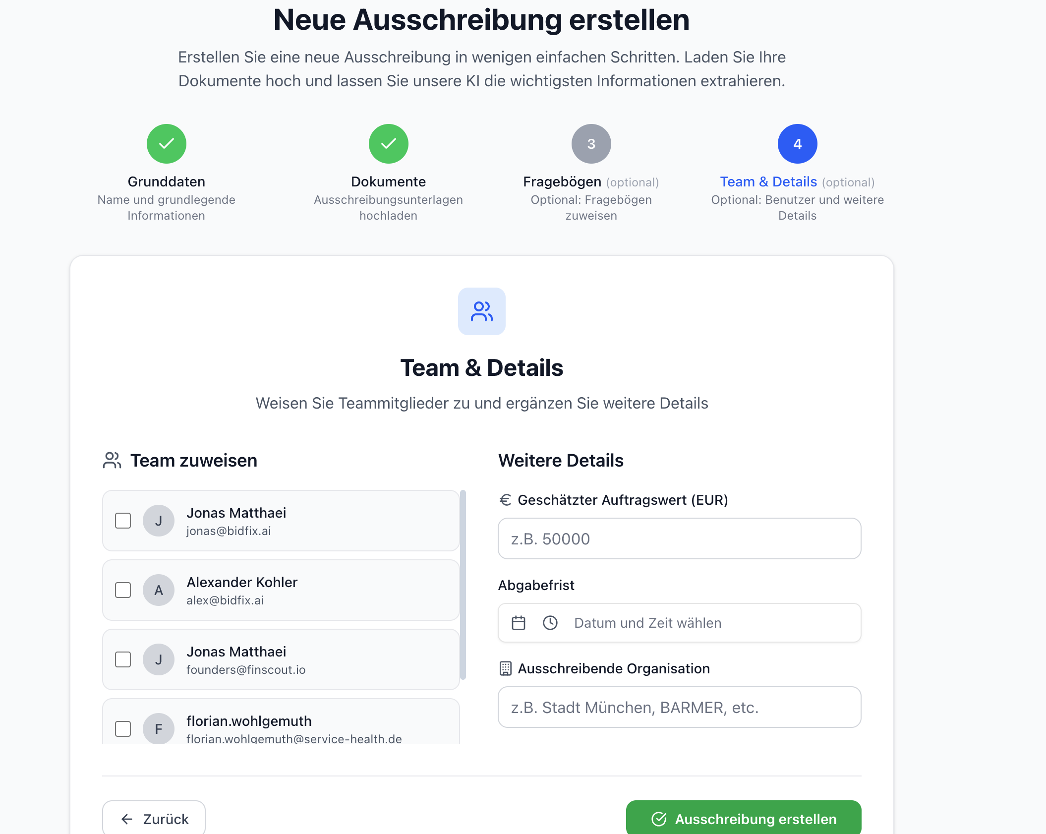 BidFix Team zuweisen - Definition des Analyseteams und Start der KI-Bewertung