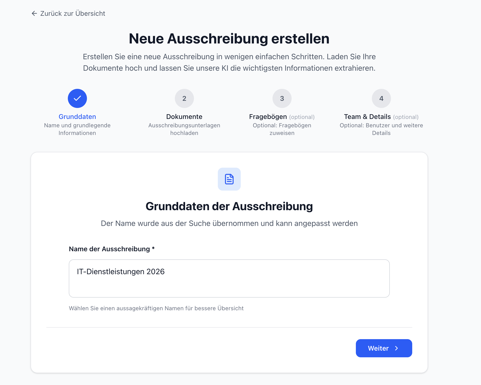 BidFix Ausschreibung benennen - Strukturierung und Grunddaten der Analyse