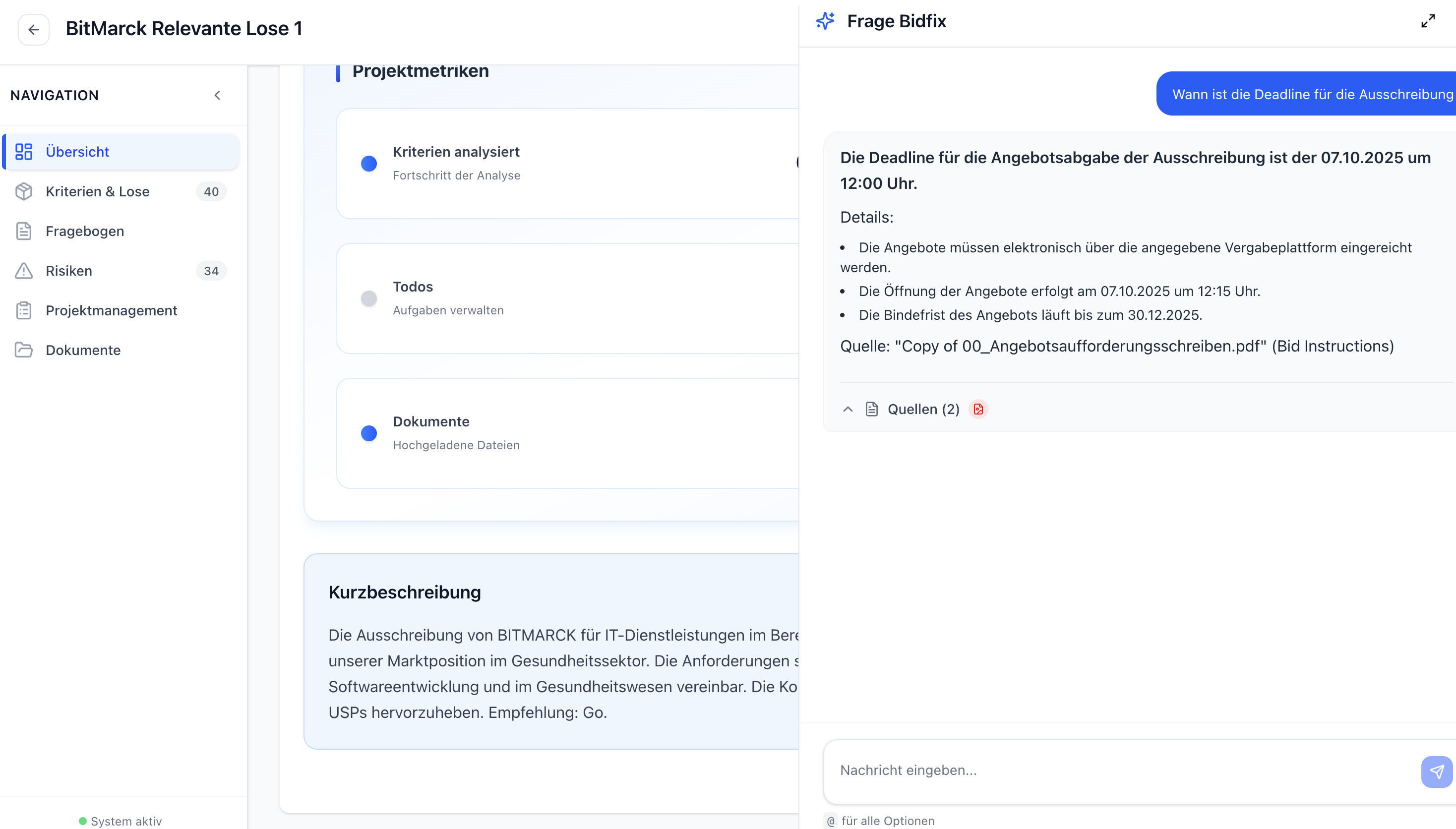 BidFix KI Prompt Beispiel - Spezifische Ausschreibungsfrage mit kontextbezogener Antwort