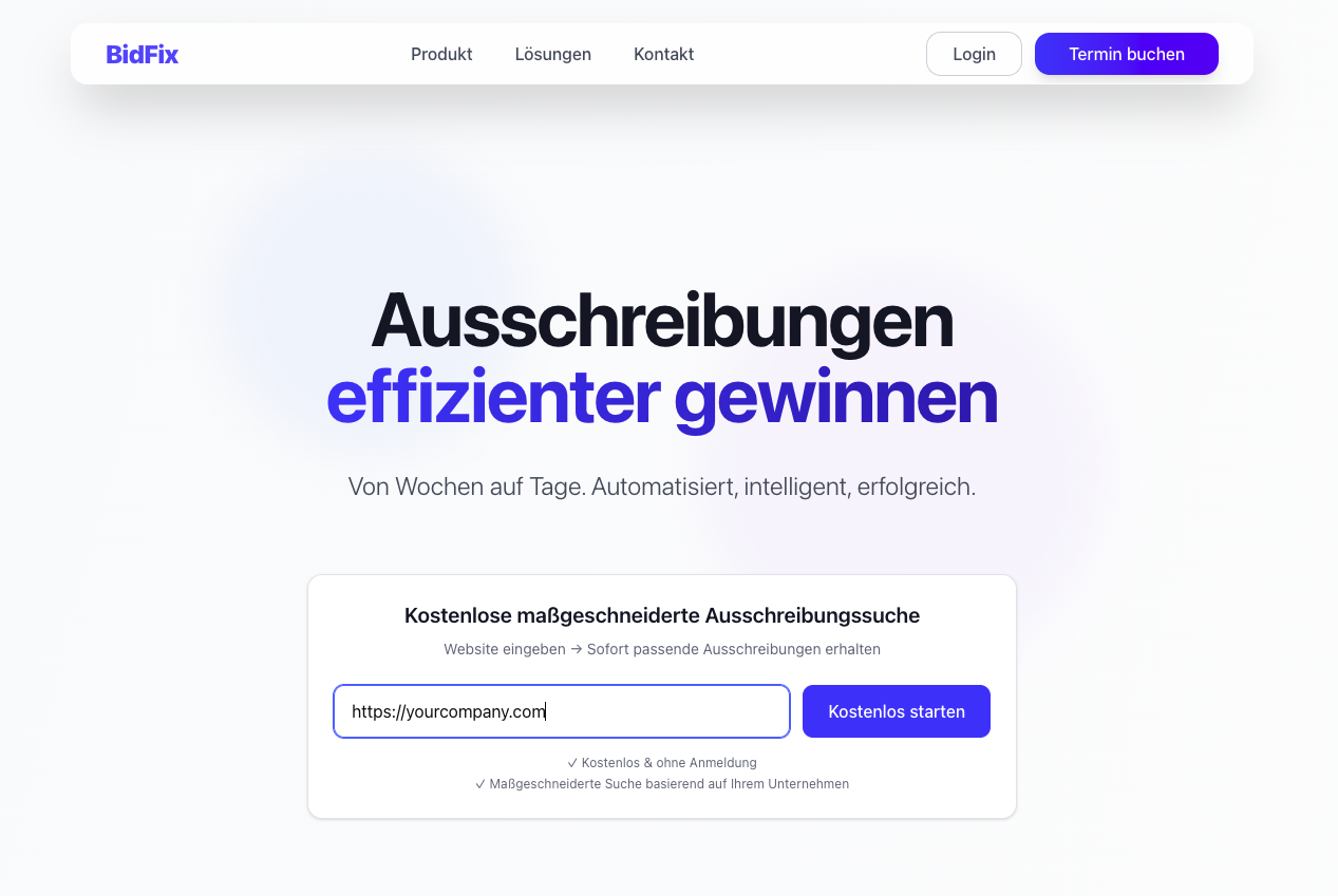 BidFix Workflow Schritt 1 - Website-URL eingeben für automatische Ausschreibungssuche