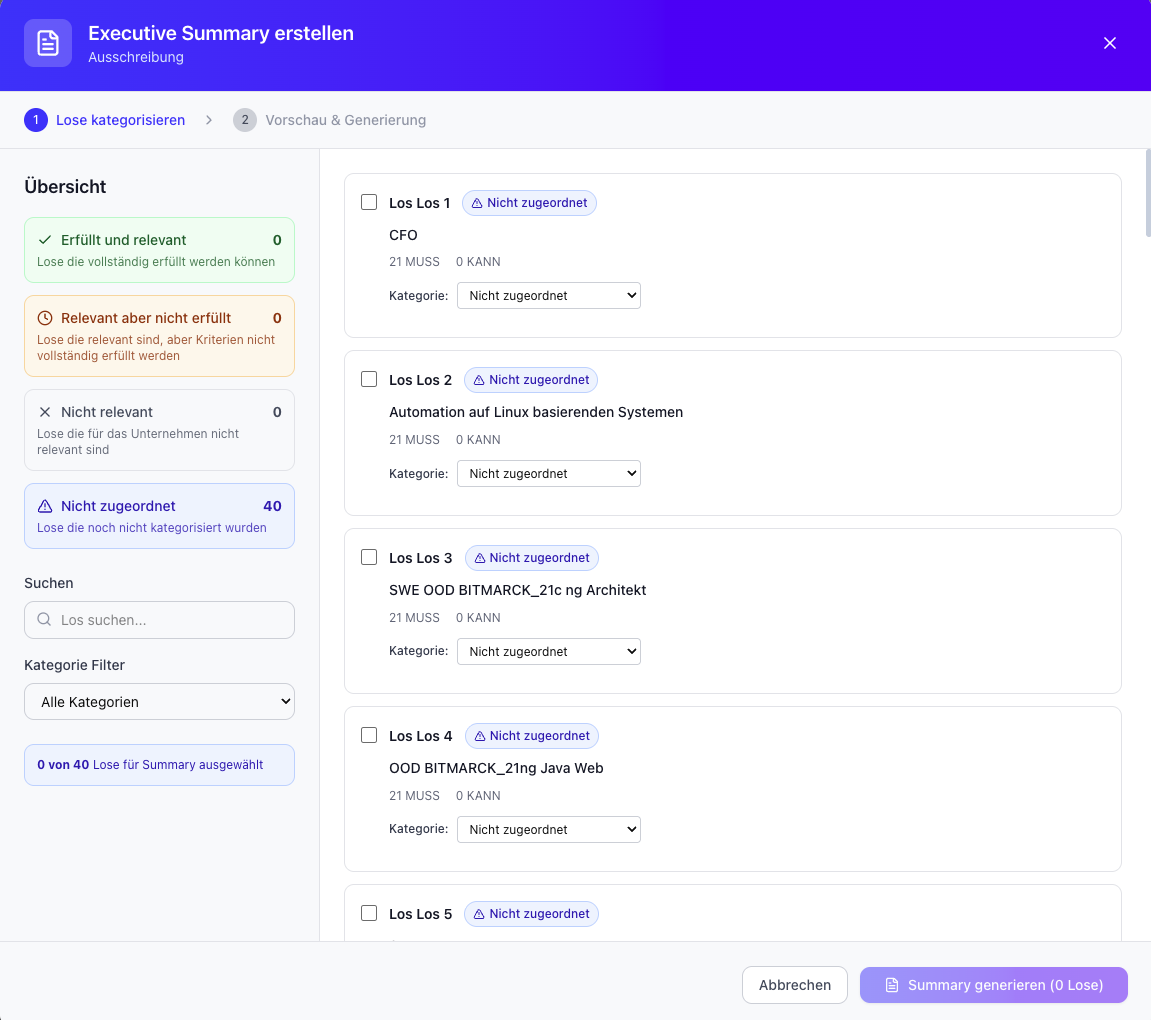 BidFix Executive Summary Erstellungsprozess - Lose kategorisieren und analysieren