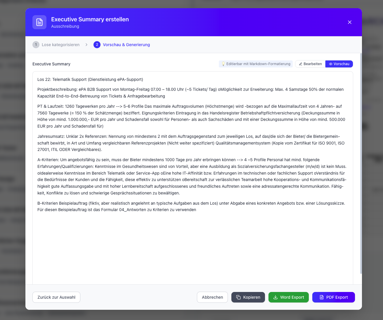 BidFix Executive Summary Ergebnis - Vollständige Ausschreibungsanalyse mit Relevanz-Bewertung