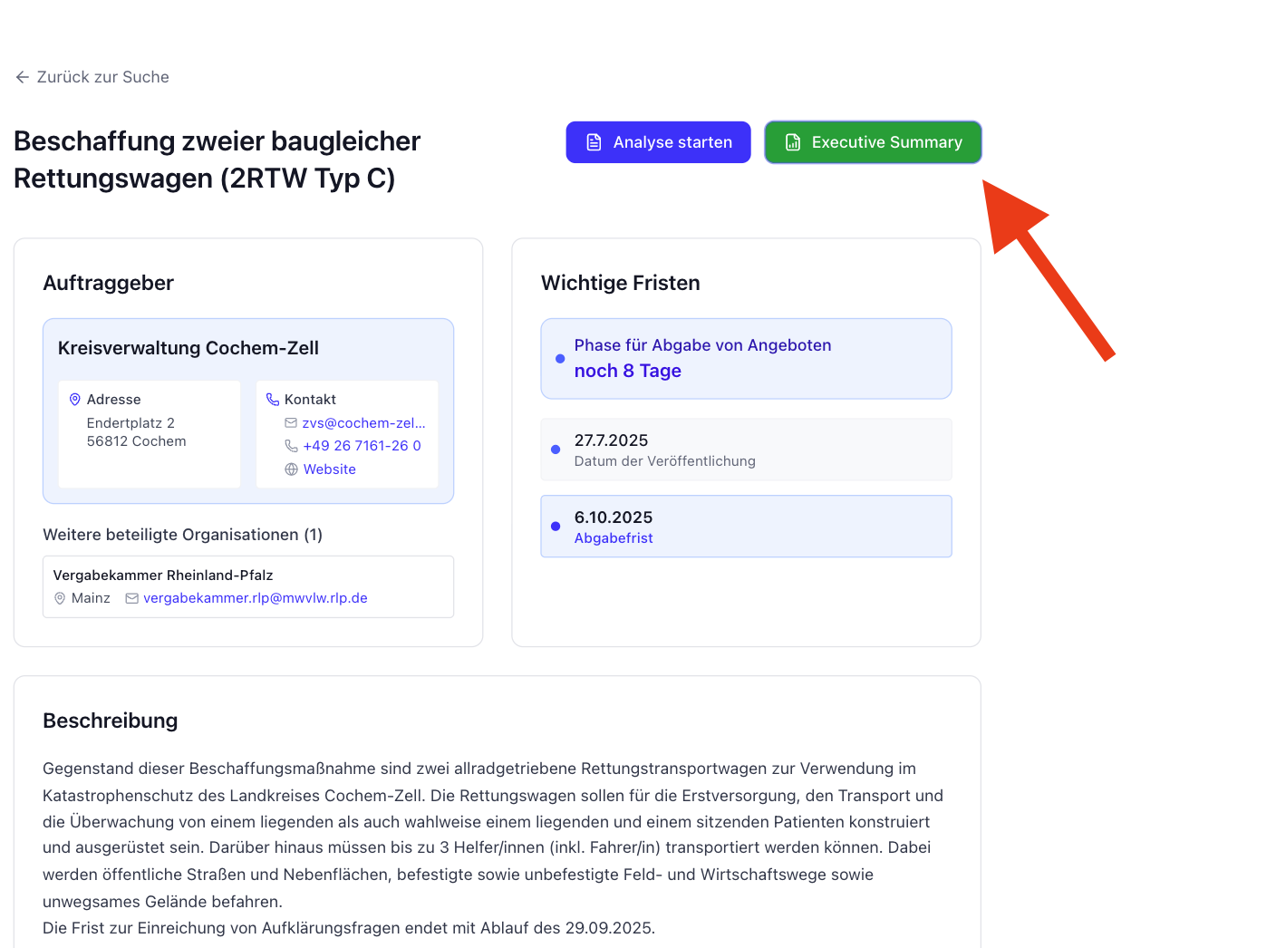 BidFix Executive Summary Feature - Schnelle Übersicht und Bid/No-Bid Entscheidungen für Ausschreibungen
