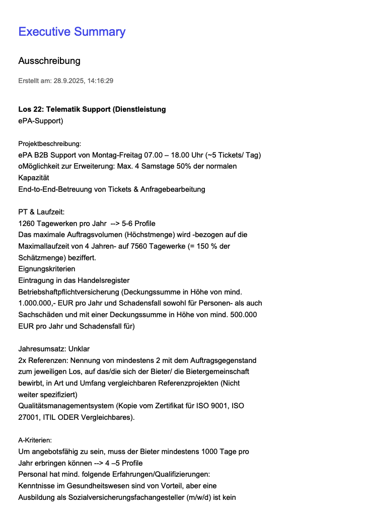 BidFix Executive Summary PDF Export - Professionell formatierte Ausschreibungsanalyse