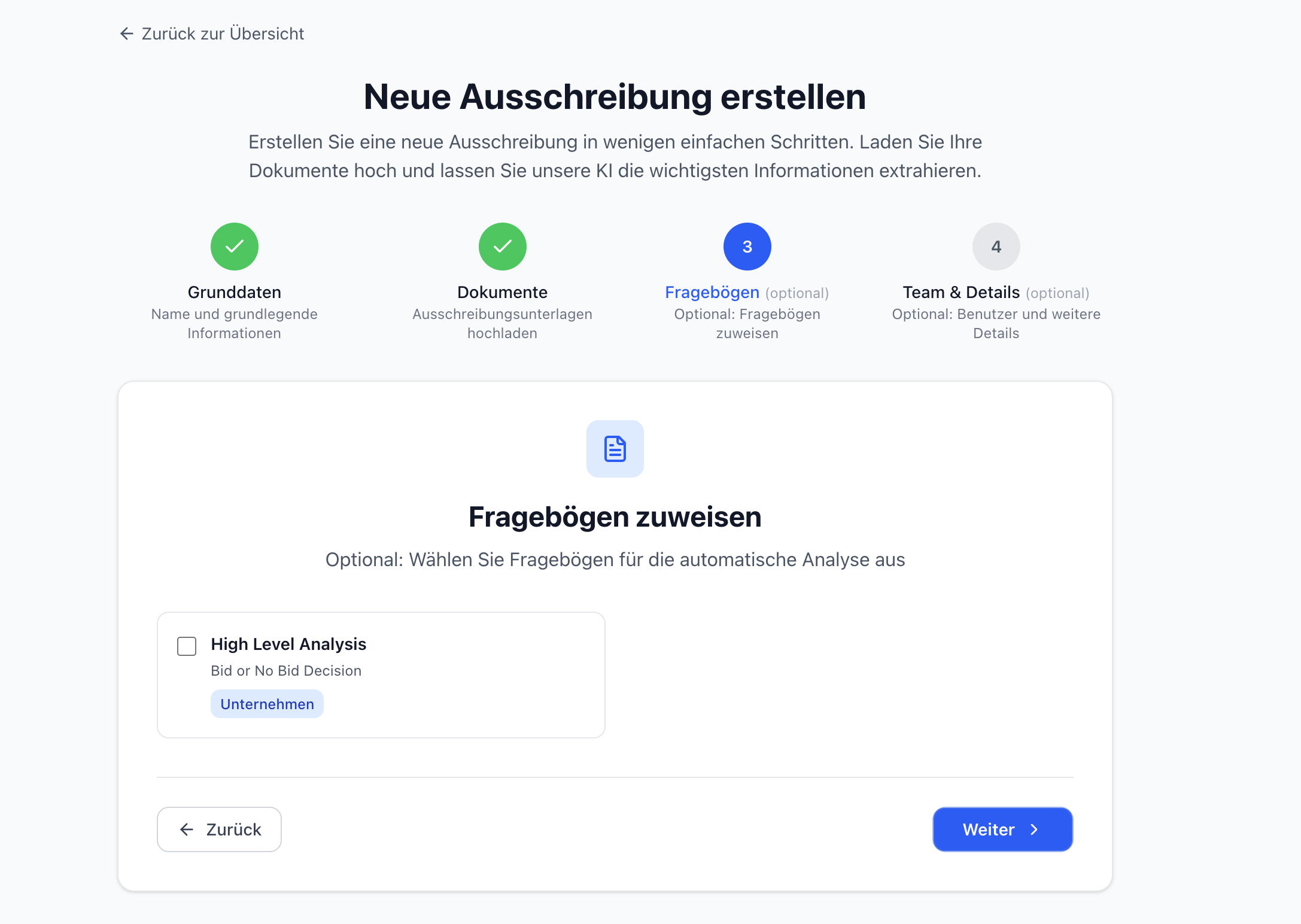 BidFix Fragebögen zuweisen - Auswahl vordefinierter Analysekriterien für verschiedene Ausschreibungstypen