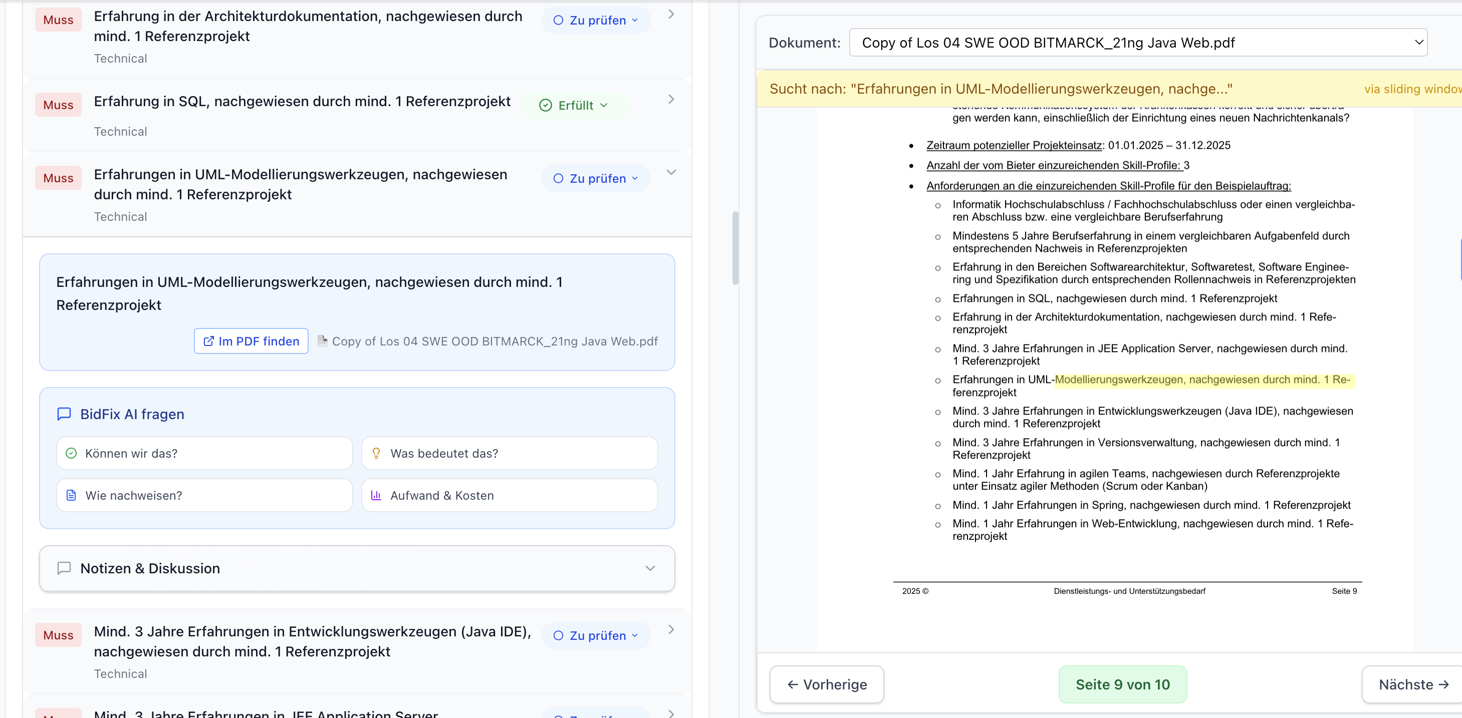 BidFix Detailanalyse - Einzelne Kriterien mit Quelldokument-Referenzen und KI-Erklärungen